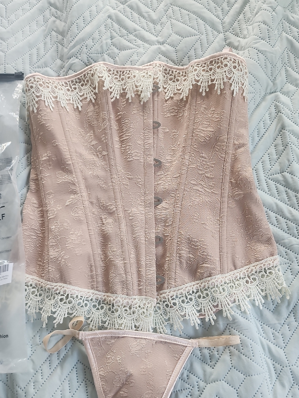 Blush Pink Lace-Trim Bustier Corset with Panty Size L